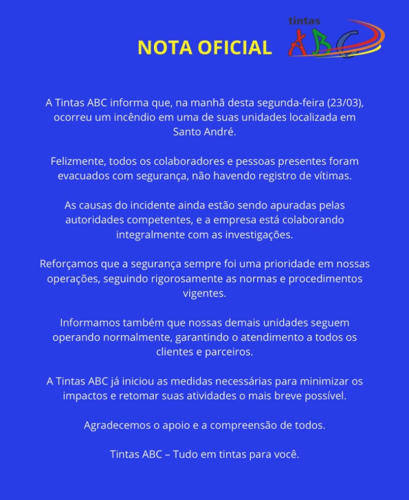 Nota oficial da loja Tintas ABC. Reprodução: Instagram/ @tintasabc_oficial