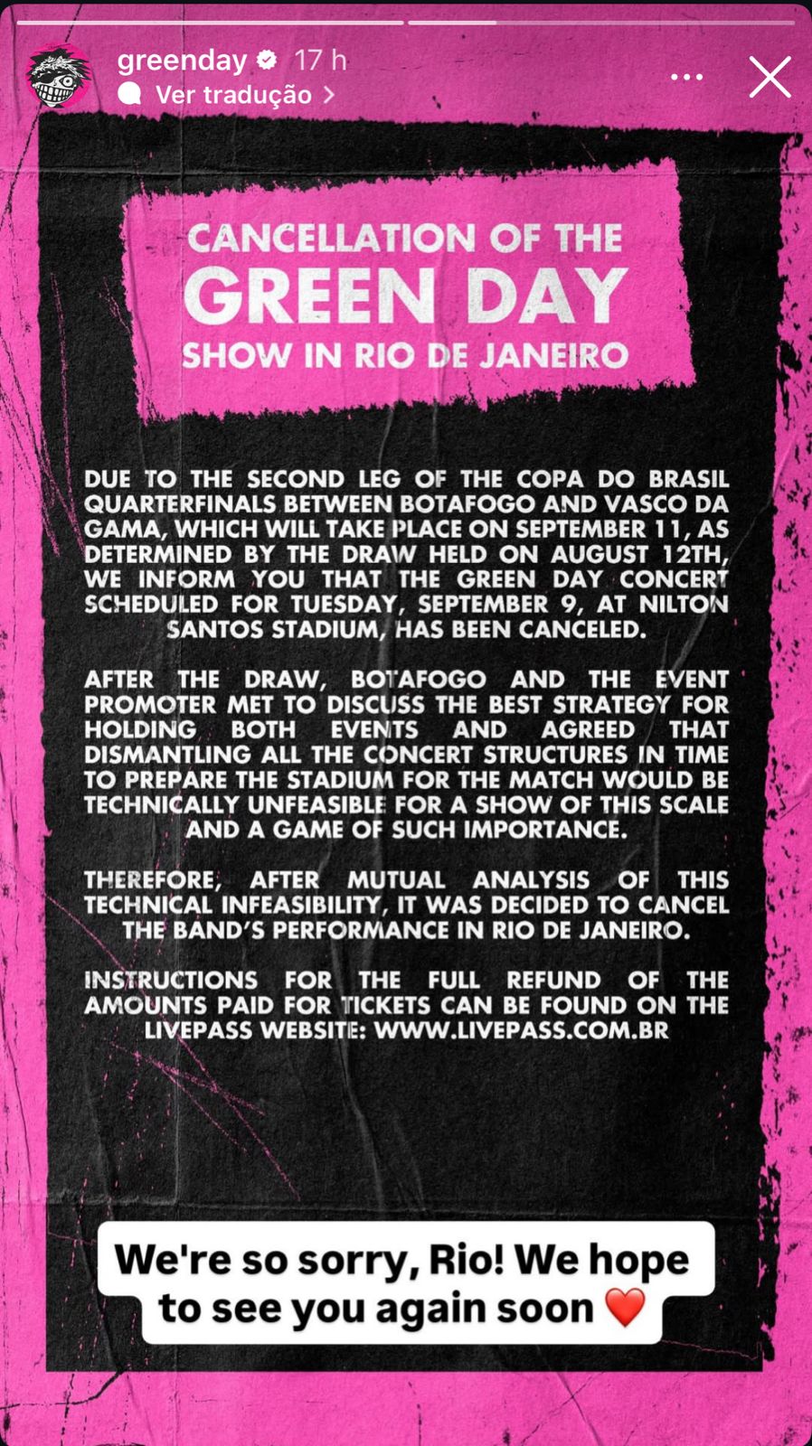 “Sentimos muito, Rio! Esperamos vê-los novamente em breve.” pronunciamento oficial da banda. Reprodução: Instagram/@greenday