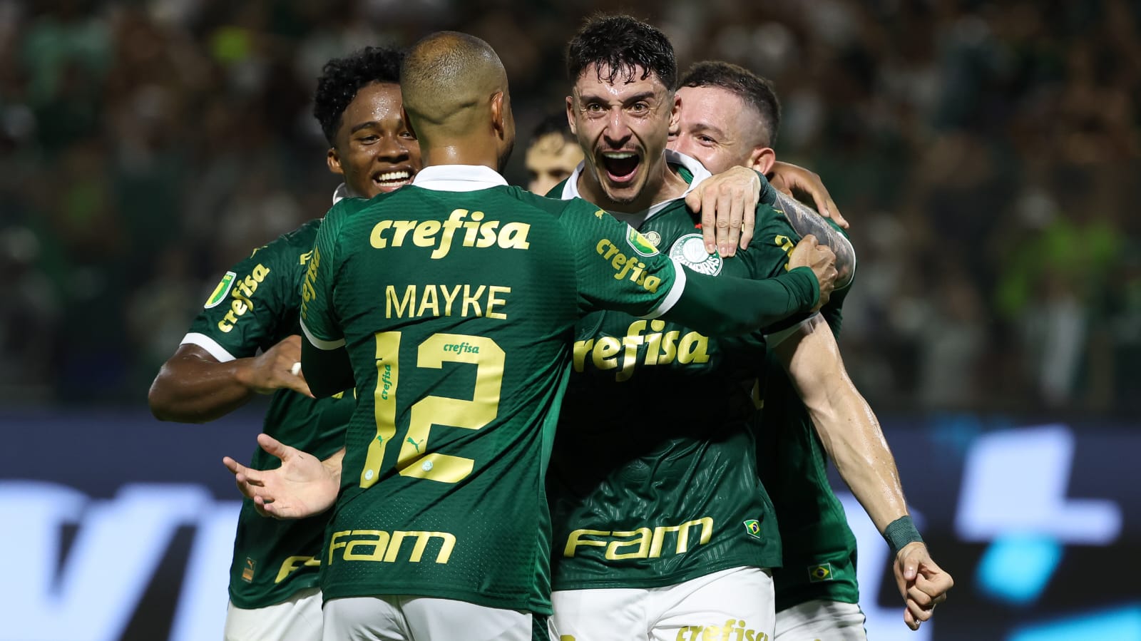 Jogadores do Palmeiras comemorando o gol de Piquerez no jogo (Foto: Palmeiras)