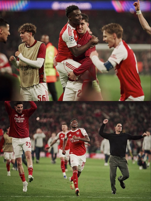 O técnico Arteta e jogadores do Arsenal comemorando a classificação. Foto: Divulgação/@arsenal