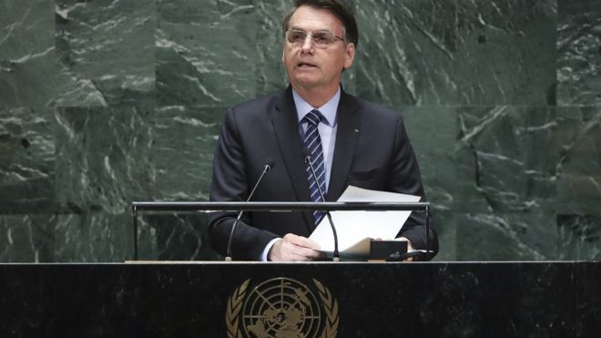 Jair Bolsonaro em sua estréia na Assembleia-Geral da ONU (DREW ANGERER/GETTY IMAGES)