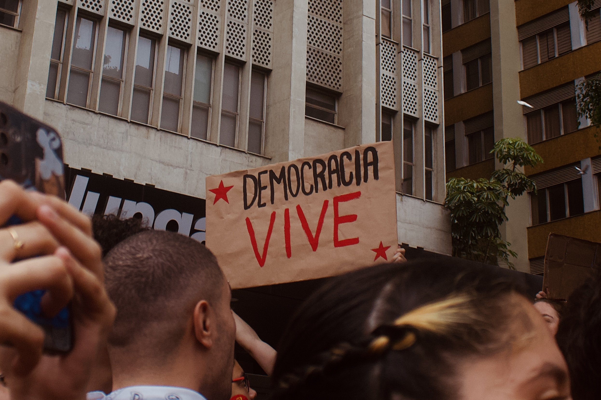 Manifestante ergue cartaz escrito "democracia vive"