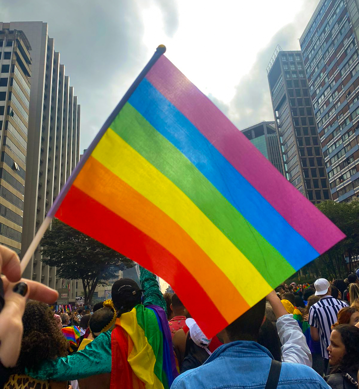 Bandeira LGBT+ levantada em meio à multidão da Parada do Orgulho.
