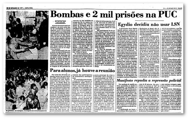 Matéria do jornal O Estado de S. Paulo sobre a invasão à PUC-SP comandada pelo Coronel Erasmo Dias. Foto: Acervo Estadão.