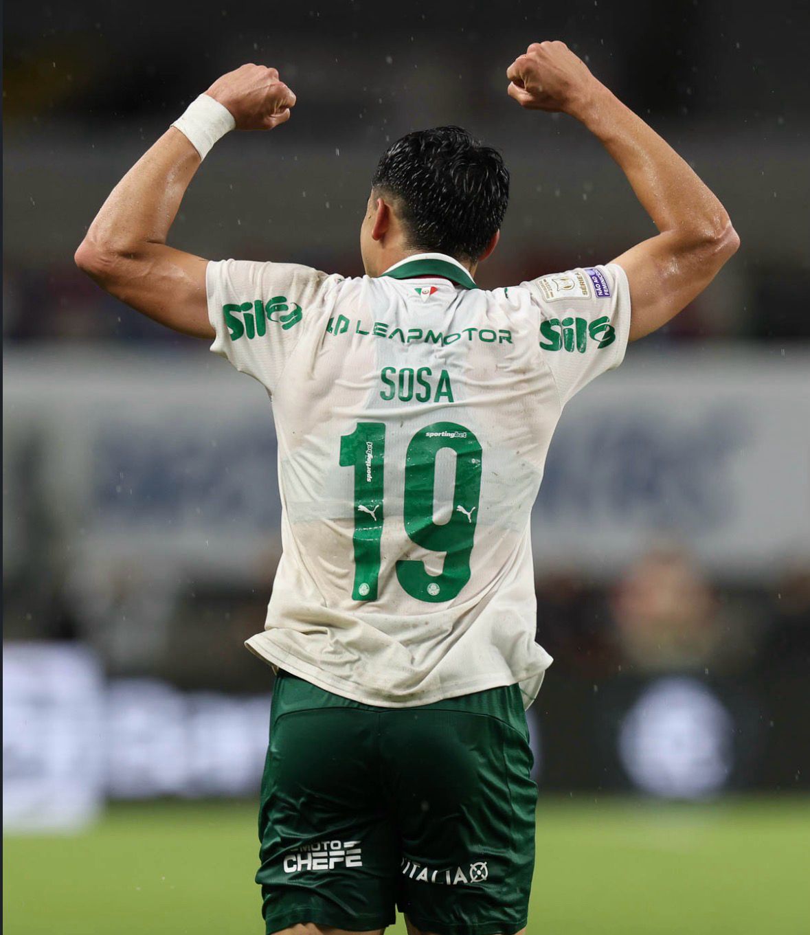 A imagem mostra o jogador Sosa, do Palmeiras, comemorando.