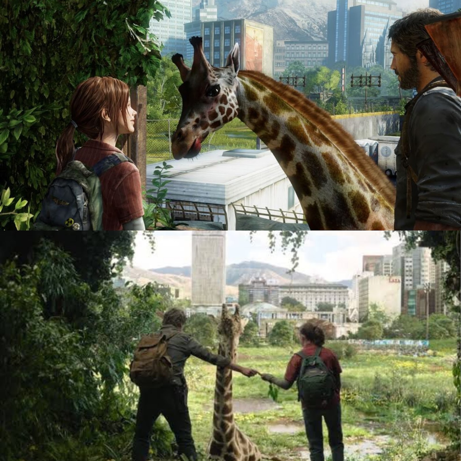 Comparação entre cena no jogo e na série. Fonte Imagem 1: Wikihow | Imagem 2: The Last of Us - HBO Max