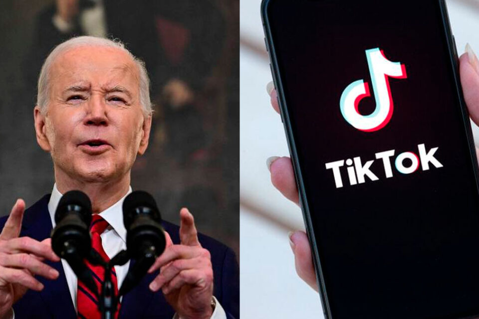 Ao lado esquerdo, a imagem retrata Joe Biden, Presidente dos Estados Unidos, falando com dois microfones à sua frente. Ao lado direito, há uma mão segurando um celular voltado para cima e a logo do TikTok em evidência na tela.