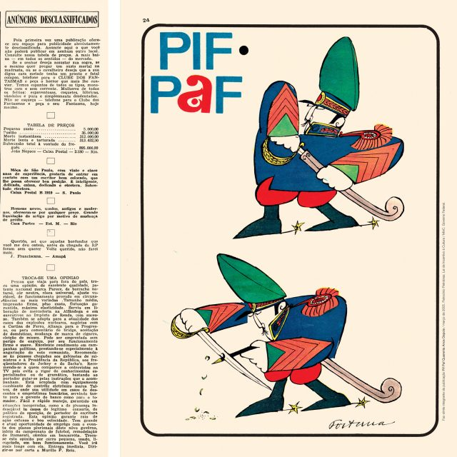 Página de Pif-Paf, n.4, p.8 (à esquerda) e p. 24 (à direita), de 6 de julho de 1964. Acervo Millôr Fernandes / IMS