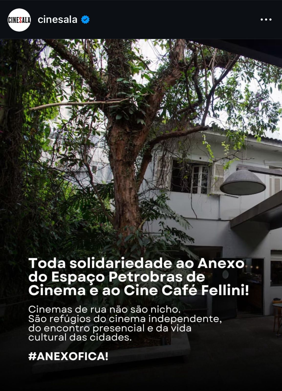 Publicação da página oficial do CineSala em apoio à permanência do anexo. Reprodução/ (@cinesala). 