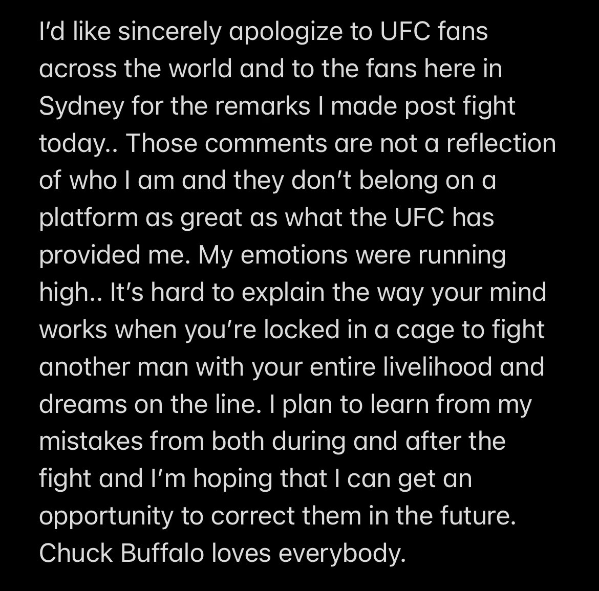 Pedido de desculpas de Charles Radtke em suas redes sociais. (Reprodução / Instagram: @chuckbuffalomma) 