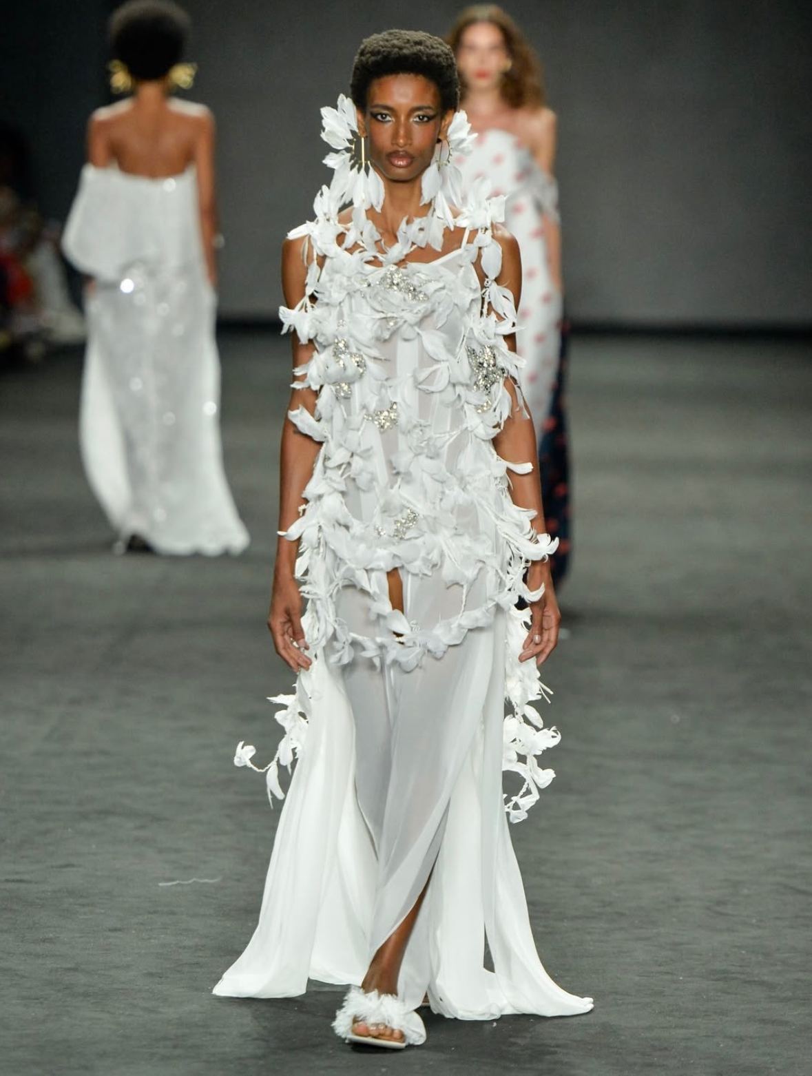 Plumas em vestido em foco