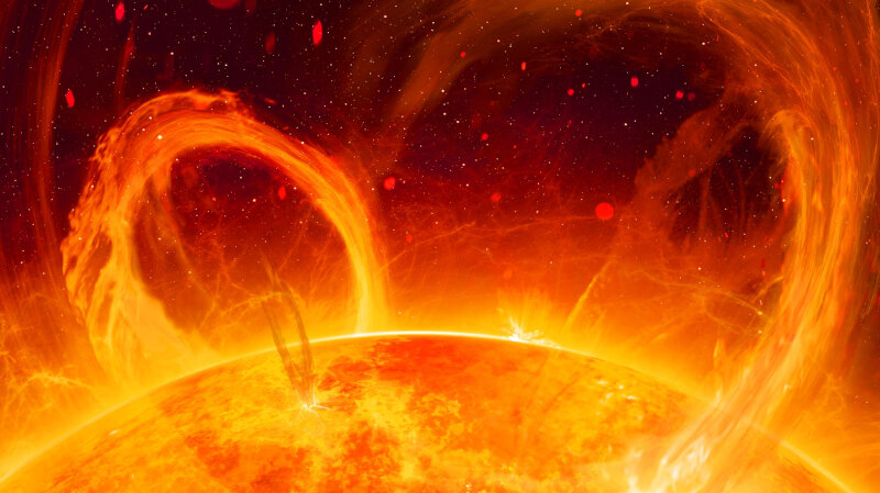 Explosão solar, é perceptível o plasma seguindo as linhas do campo magnético. Foto: NASA. 