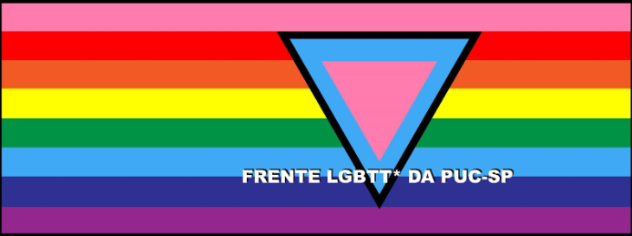 Bandeira com as cores LGBTQIAPN+ com um triângulo invertido composto pelas cores da bandeira trans