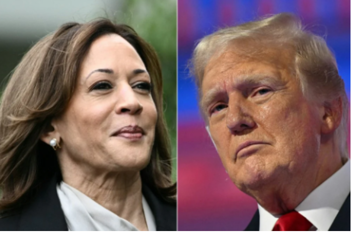 Ao lado esquerdo, a imagem retrata Kamala Harris, Vice-presidenta dos Estados Unidos e candidata à presidência pelo partido Democrata. Ao lado direito, está o ex-presidente, Donald Trump, que concorre ao mesmo cargo pelo partido Republicano.