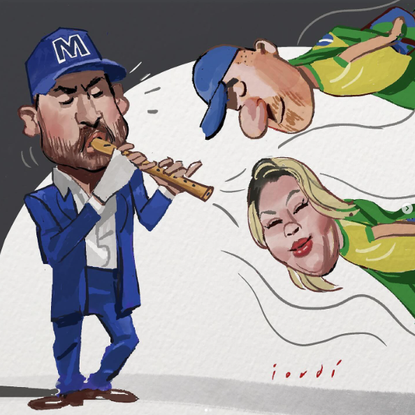 Charge humorística de Jordí Martinez. Na imagem, uma figura do político Pablo Marçal aparece tocando uma flauta, hipnotizando dois eleitores do Bolsonaro que vão surgindo pela margem.