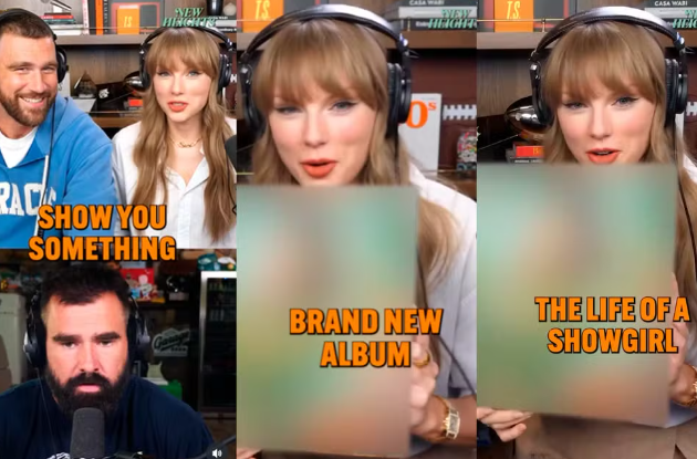 A cantora Taylor Swift no podcast New Heights Show, apresentando a capa de seu novo disco, porém borrada.
