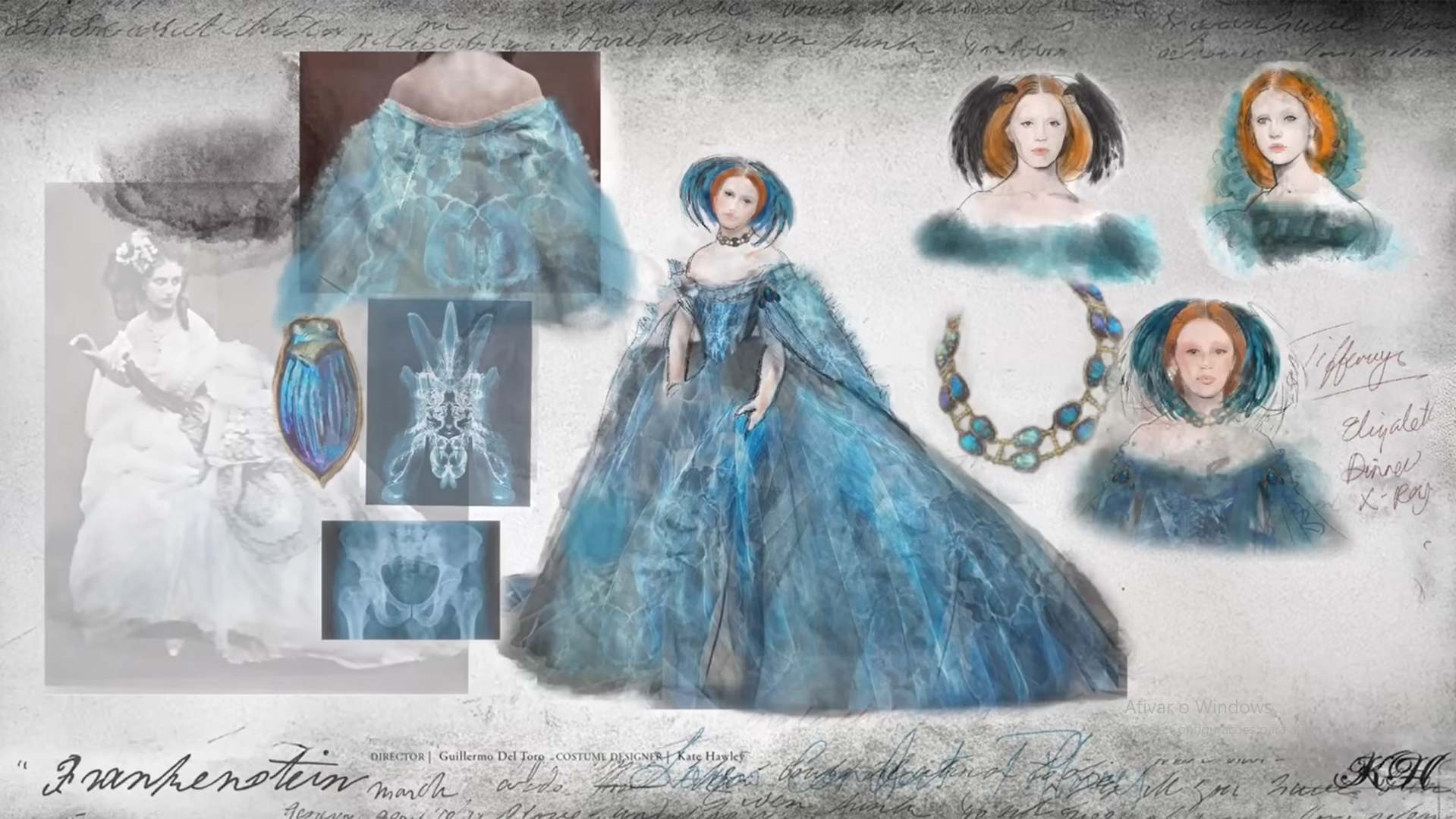 croqui do vestido de Elizabeth ilustrado na campanha promocional do filme. /Fonte: Netflix.