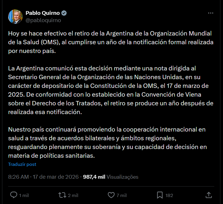 Declaração de Pablo Quirno no X