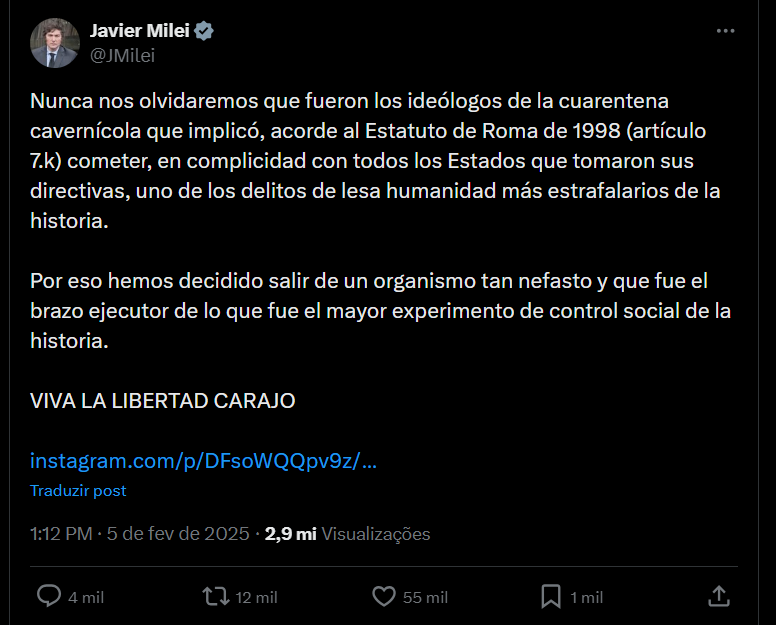 Declaração de Milei no X