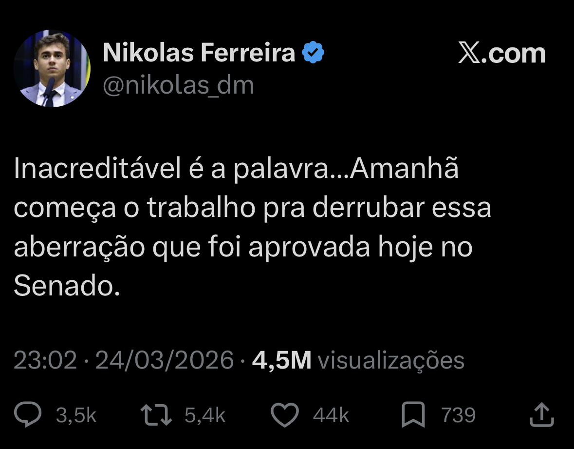 O Deputado Nikolas Ferreira declara em suas redes sociais ser contra o projeto de lei 896/23. Foto: Divulgação/X.