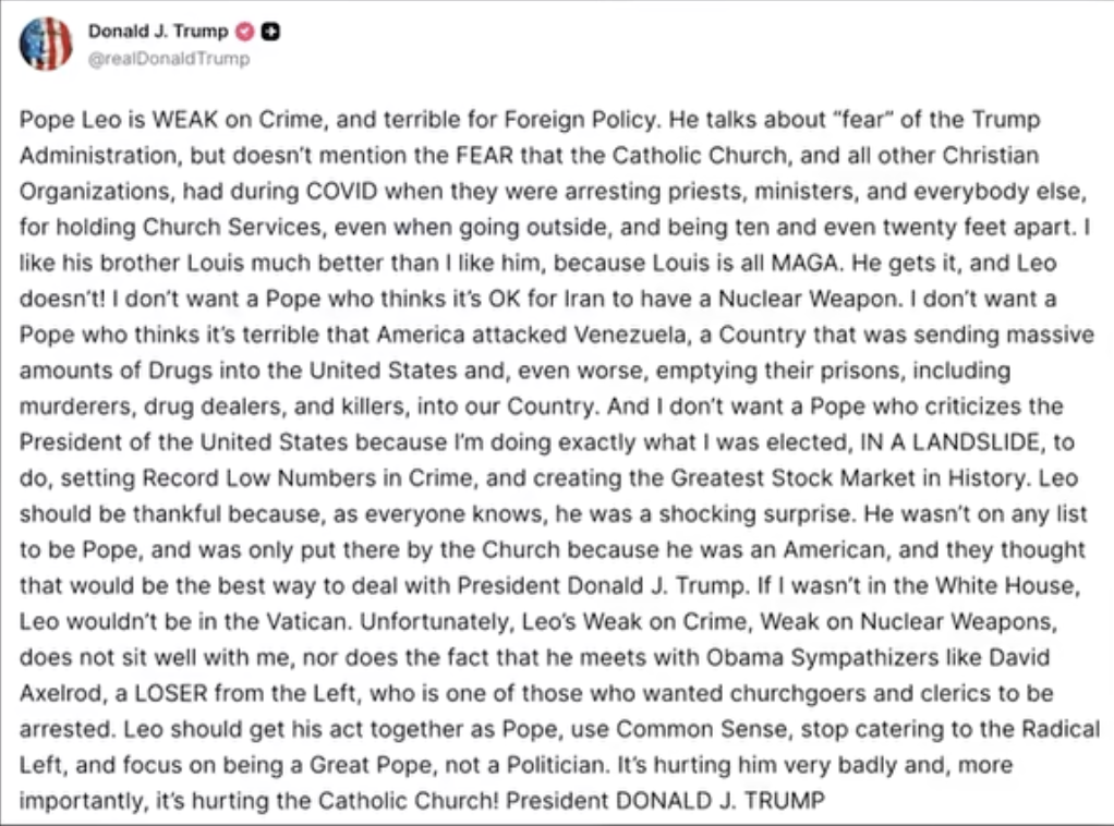 Post de Donald Trump sobre o Papa Leão XIV traduzido. Imagem: X(Twitter)/ Reprodução @realDonaldTrump