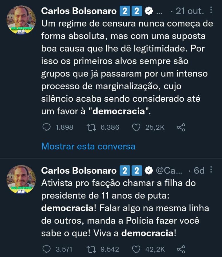 tuites de Carlos Bolsonaro sobre "democracia" e liberdade de expressão