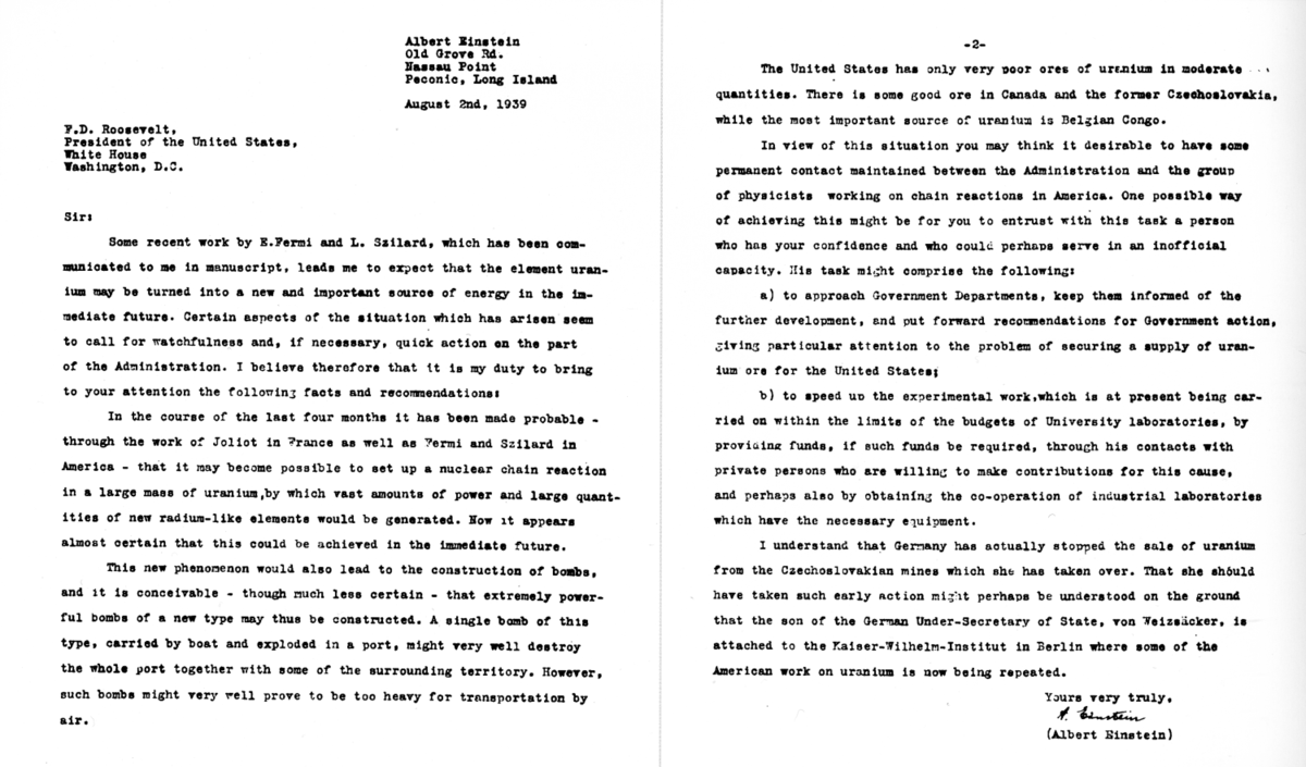 Carta enviada por Einsten à Franklin Roosevelt