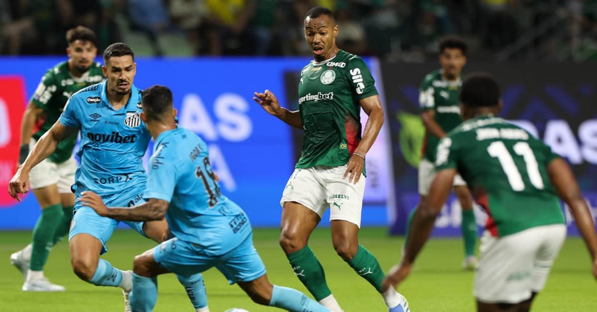 A imagem mostra jogadores do Palmeiras e Santos disputando a bola.