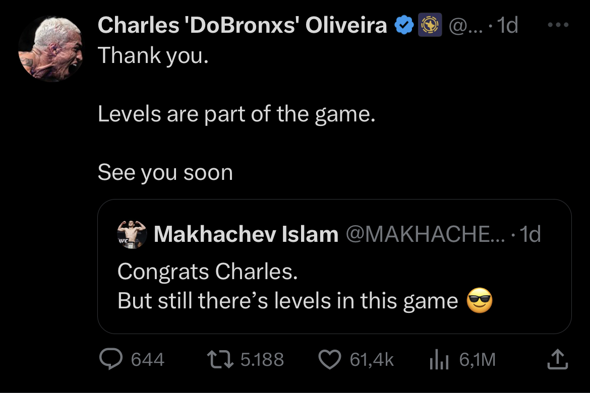 Após a luta, Islam Makhachev e Charles Oliveira se provocaram em suas redes sociais de maneira “amistosa”.  (Reprodução / Twitter: @CharlesDoBronxs)