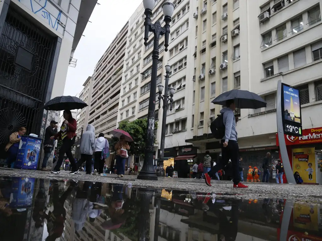 Calçada com pessoas com roupa de frio e segurando guarda-chuva