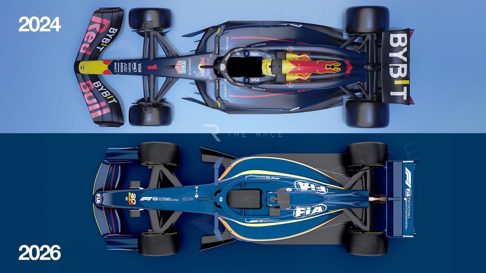 Comparação na estrutura dos carros de 2024 e de 2026 vista de cima. – Foto: F1/Divulgação