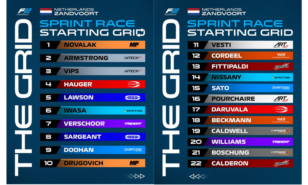 Grid de largada na corrida sprint do GP da Holanda. Divulgação: F2.