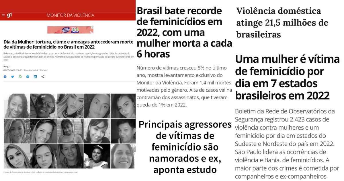 Principais manchetes de jornais sobre taxas de feminicídio- Montagem: Malu Araújo