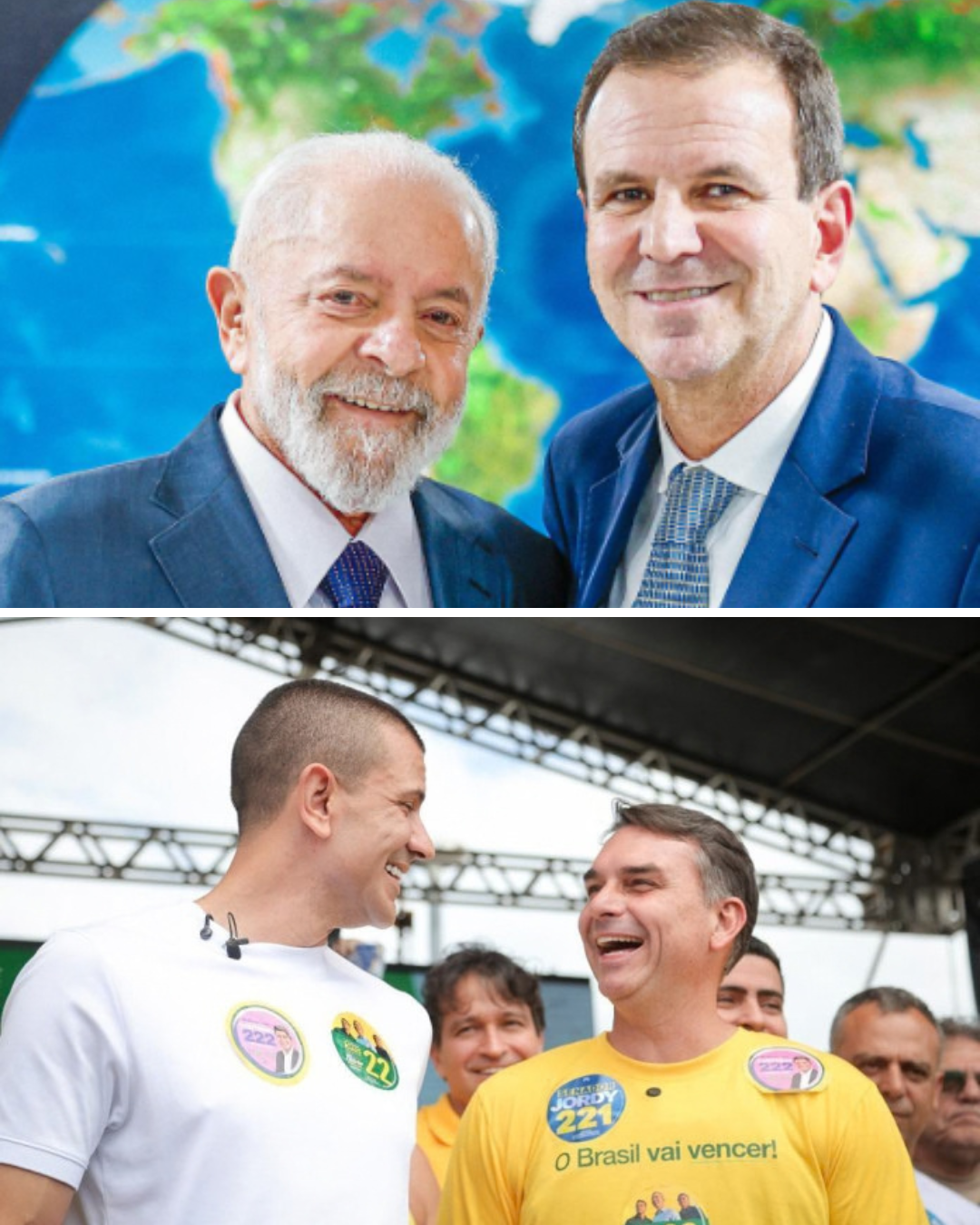 Na foto acima, Lula posa com Eduardo Paes. Na foto abaixo, Flávio Bolsonaro e Douglas Ruas se olham rindo.