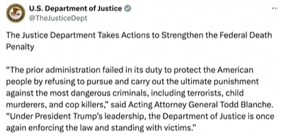 Publicação na rede social X, feita pelo perfil oficial do Departamento de Justiça Estadunidense, sobre as alterações na lei de pena de morte feitas pelo presidente Donald Trump