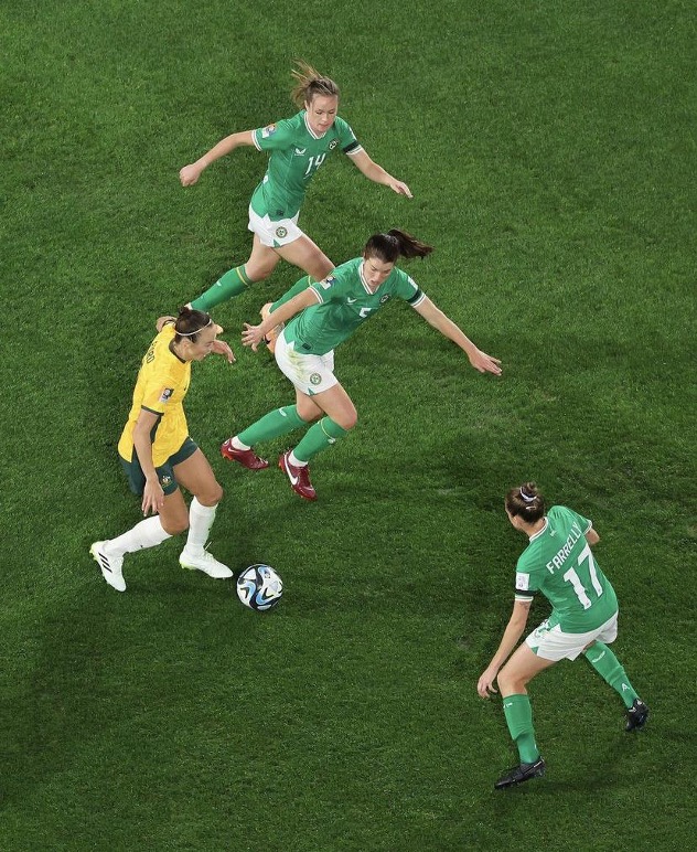 Caitlin Foord (amarelo) tentando furar a muralha da Irlanda. Foto: Reprodução/Instagram @Fifaworldcup.