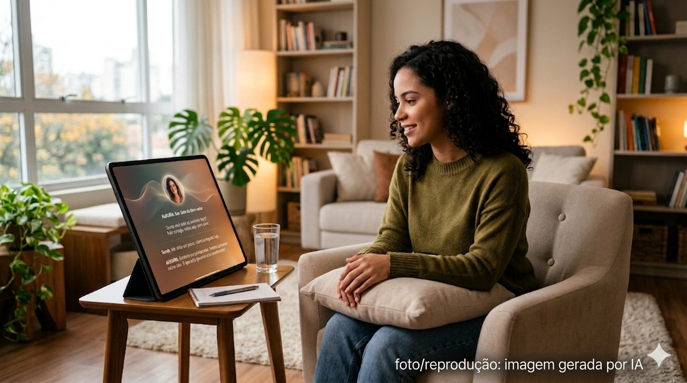 créditos: imagem gerada por IA. Pessoa fazendo uso da terapia com IA 