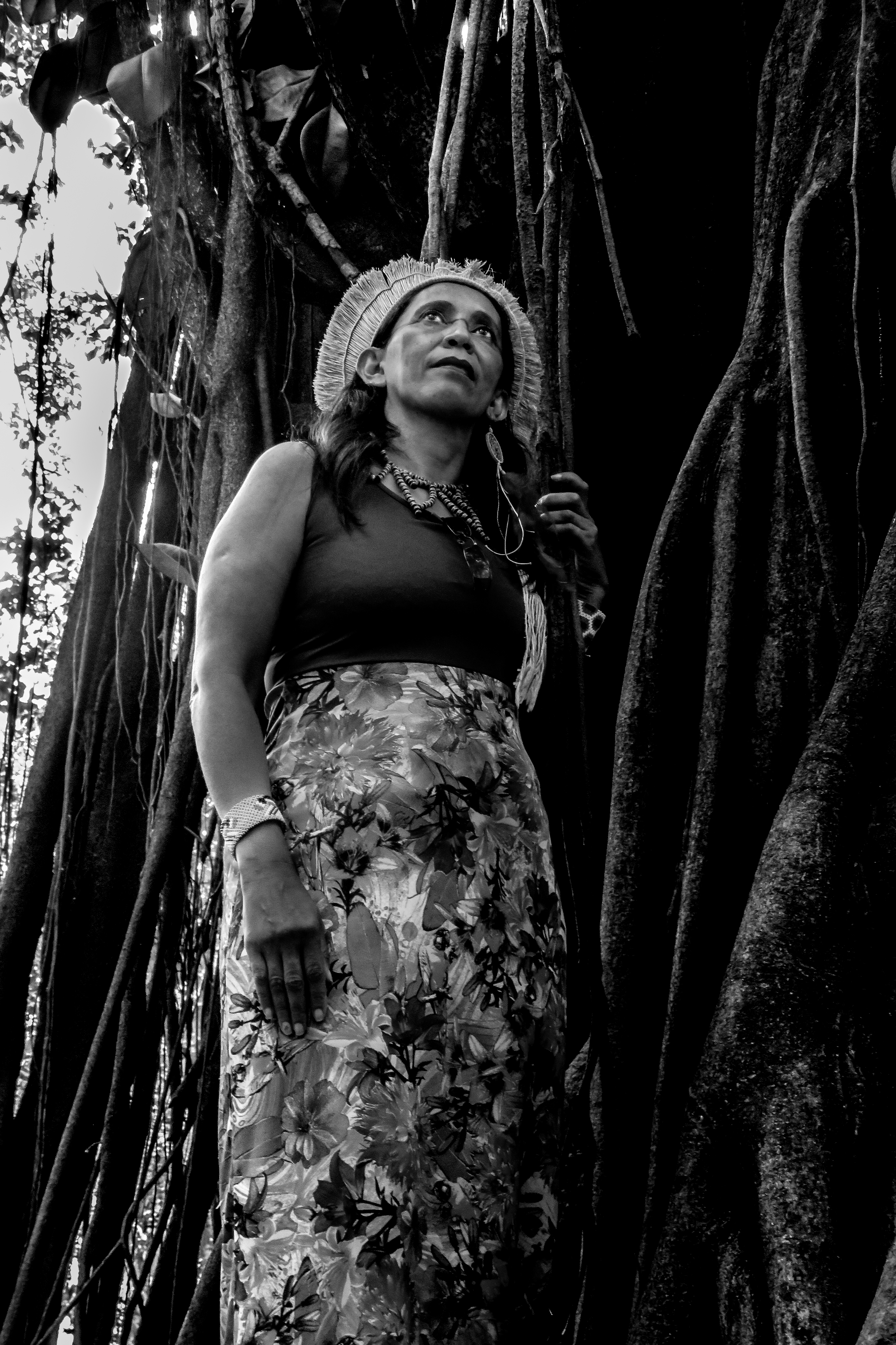 Mulher indígena ao lado da árvore olhando para cima