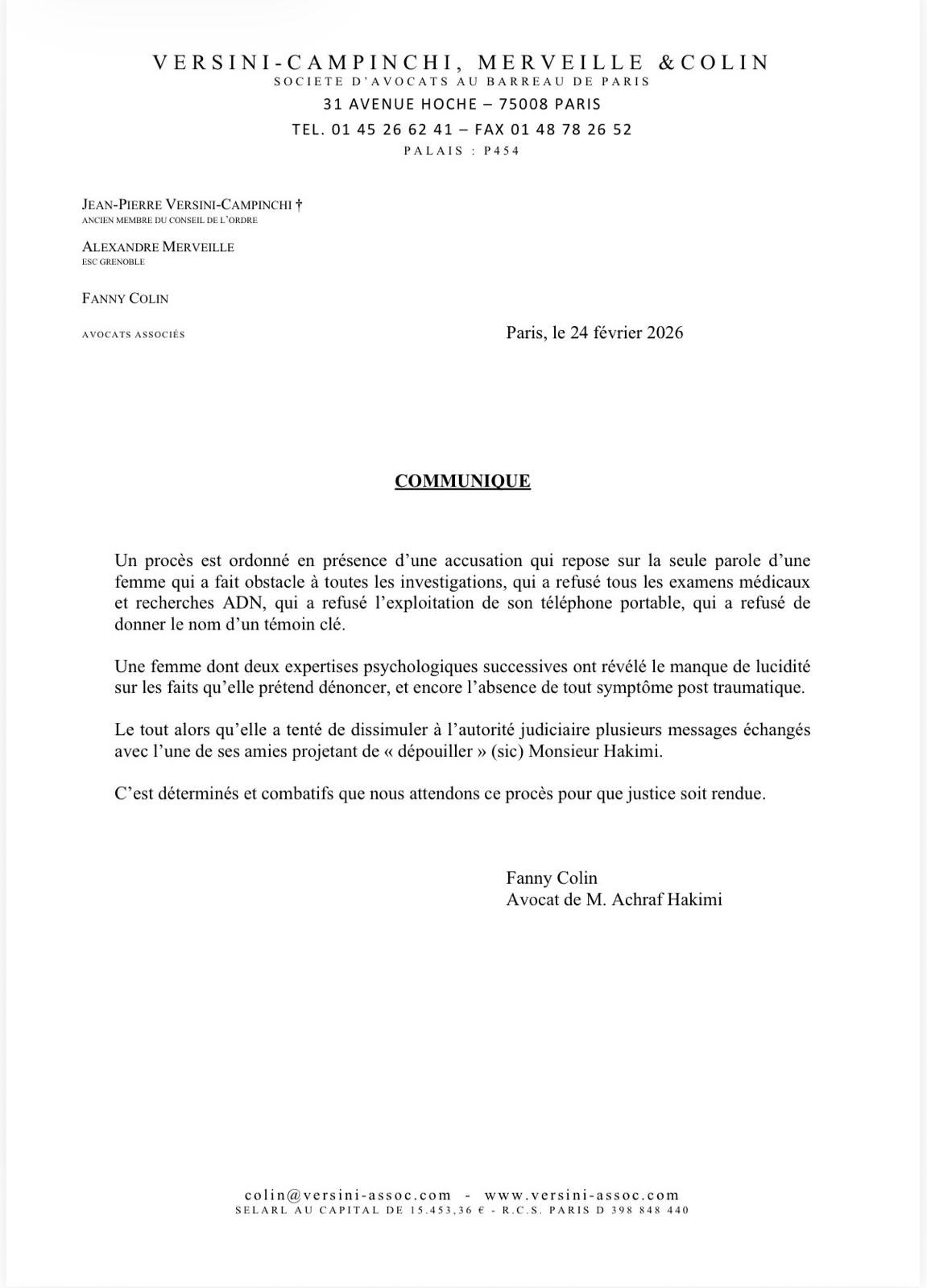 Comunicado escrito pela advogada de Hakimi e postado no X.
