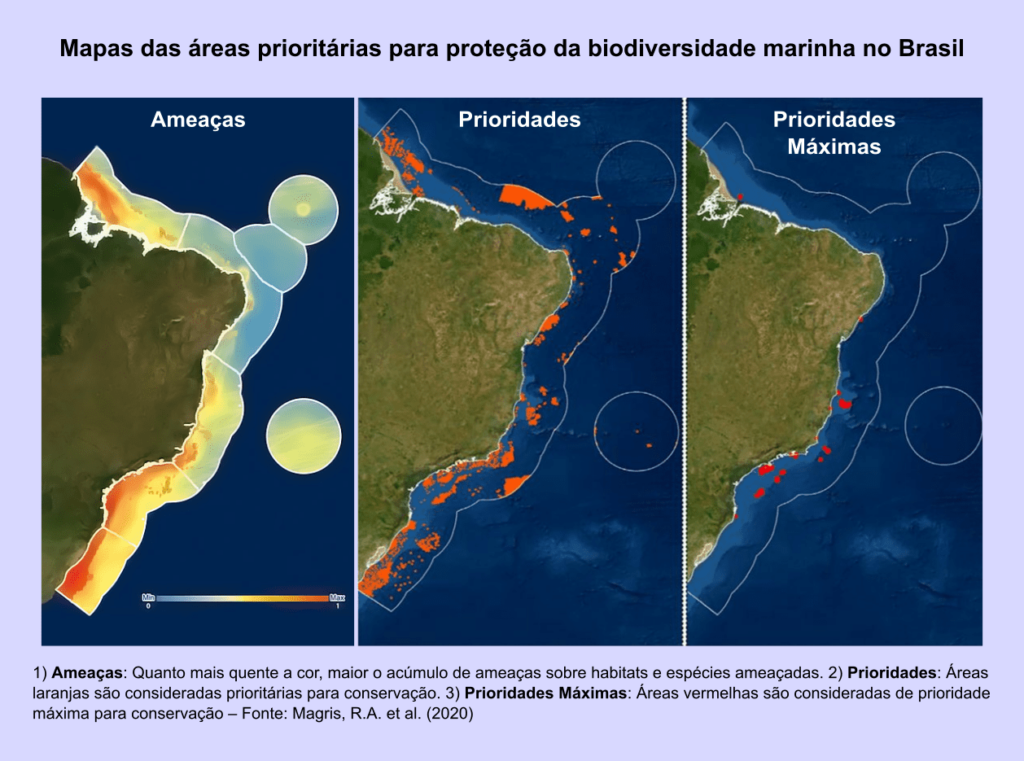 Mapas de locais da região costeira com ameaças, prioridades de proteção e prioridades máximas