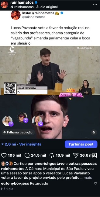 Publicação sobre Lucas Pavanato que alançou mais de 100 mil curtidas em um dia. Reprodução Instagram/ @rainhamatos