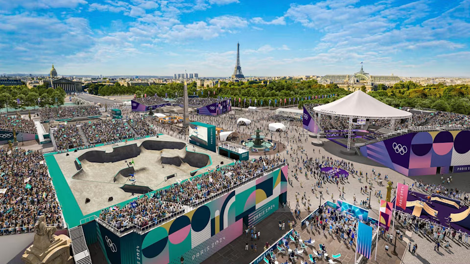 Place de la Concorde terá várias praças esportivas para modalidades urbanas. – Imagem: Divulgação/Olympics