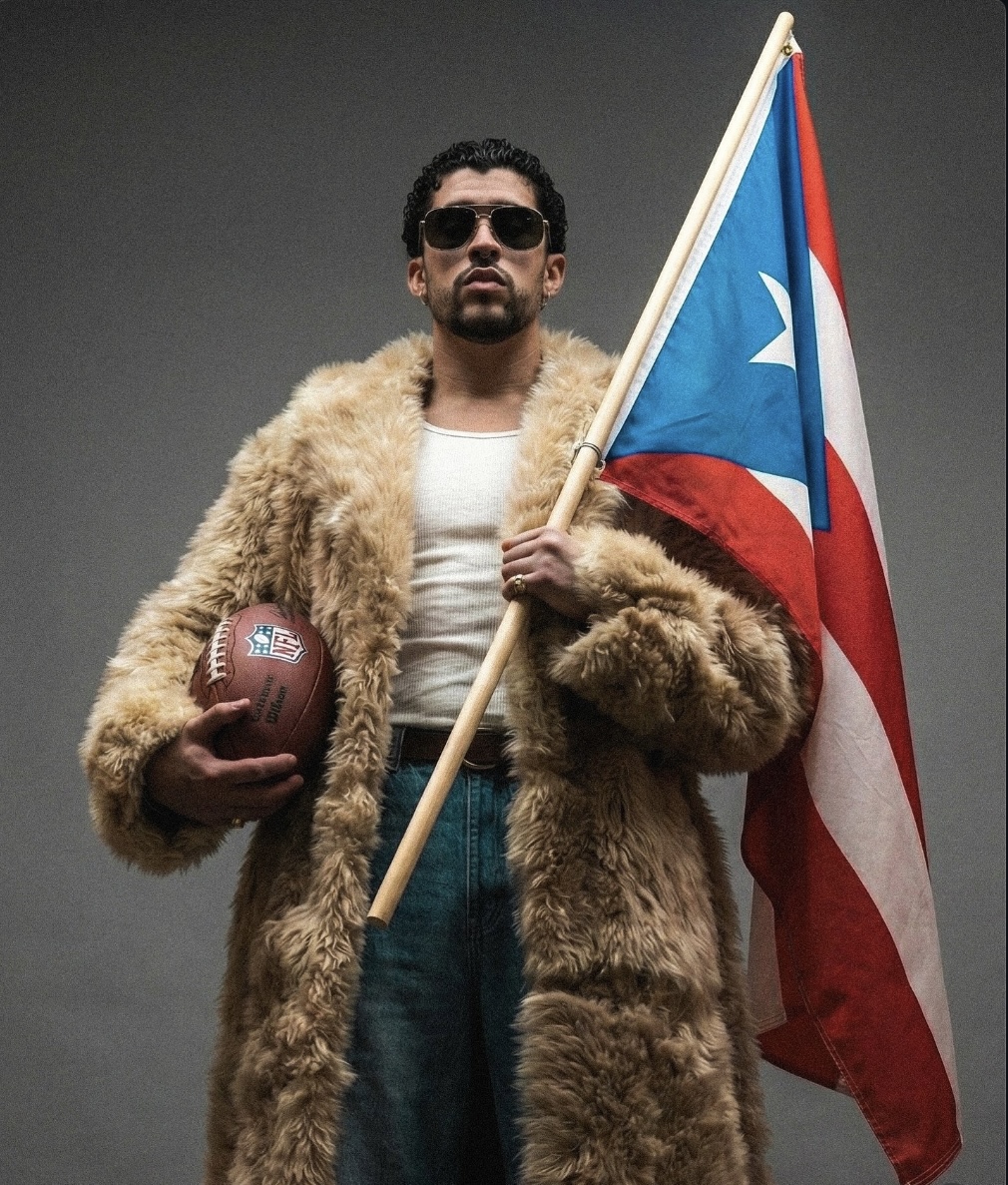 Fotografia de estúdio do artista Bad Bunny posando de corpo inteiro contra um fundo cinza neutro. Ele veste um casacão de pele fake longo e volumoso em tom de bege, sobre uma regata branca e calça jeans azul. Ele segura uma bola de futebol americano da NFL sob o braço direito e, com a mão esquerda, empunha um mastro de madeira com a bandeira de Porto Rico desdobrada. Bad Bunny usa óculos de sol escuros de modelo aviador e mantém uma expressão séria e imponente, simbolizando sua identidade cultural e presença global.