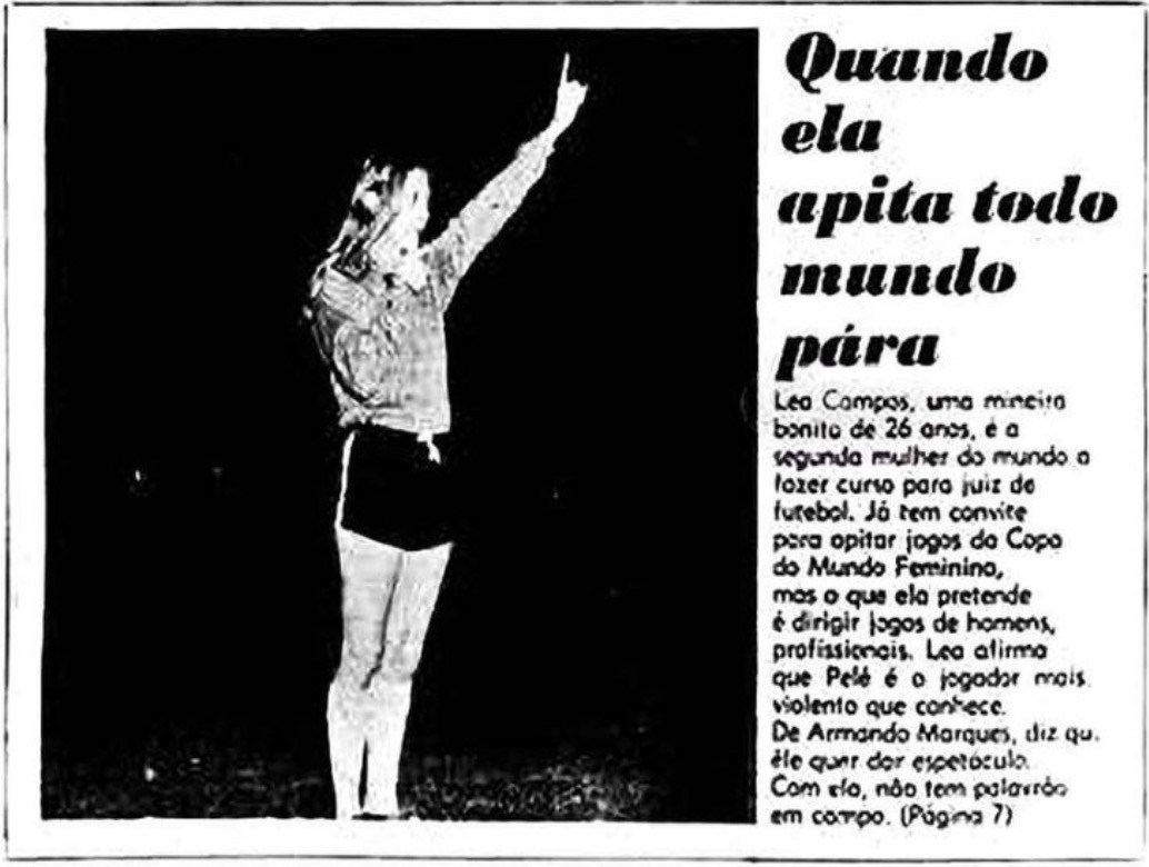 Matéria em jornal impresso sobre Léa Campos, a primeira mulher a fazer o curso de arbitragem. Foto: Reprodução/acervo Museu do Futebol.