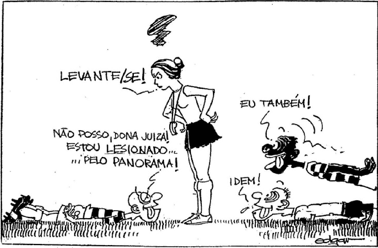 Charge feita por Heil sobre arbitragem de Léa Campos. Foto: Reprodução/Museu do Futebol.