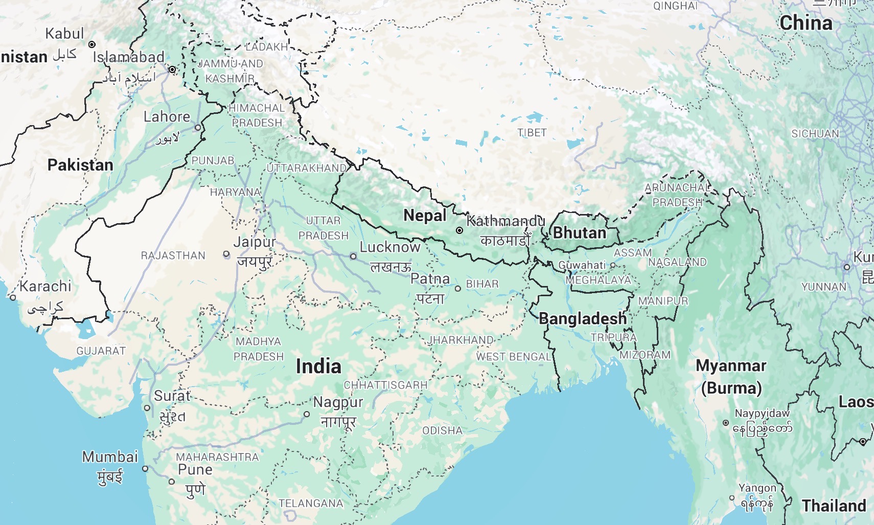mapa que mostra a Índia, Nepal e a região do Tibete na China 
