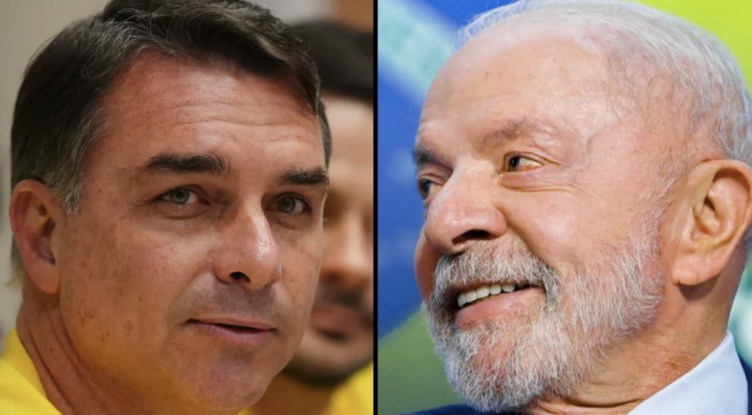 Montagem com Flávio Bolsonaro a esquerda e Lula a direita 