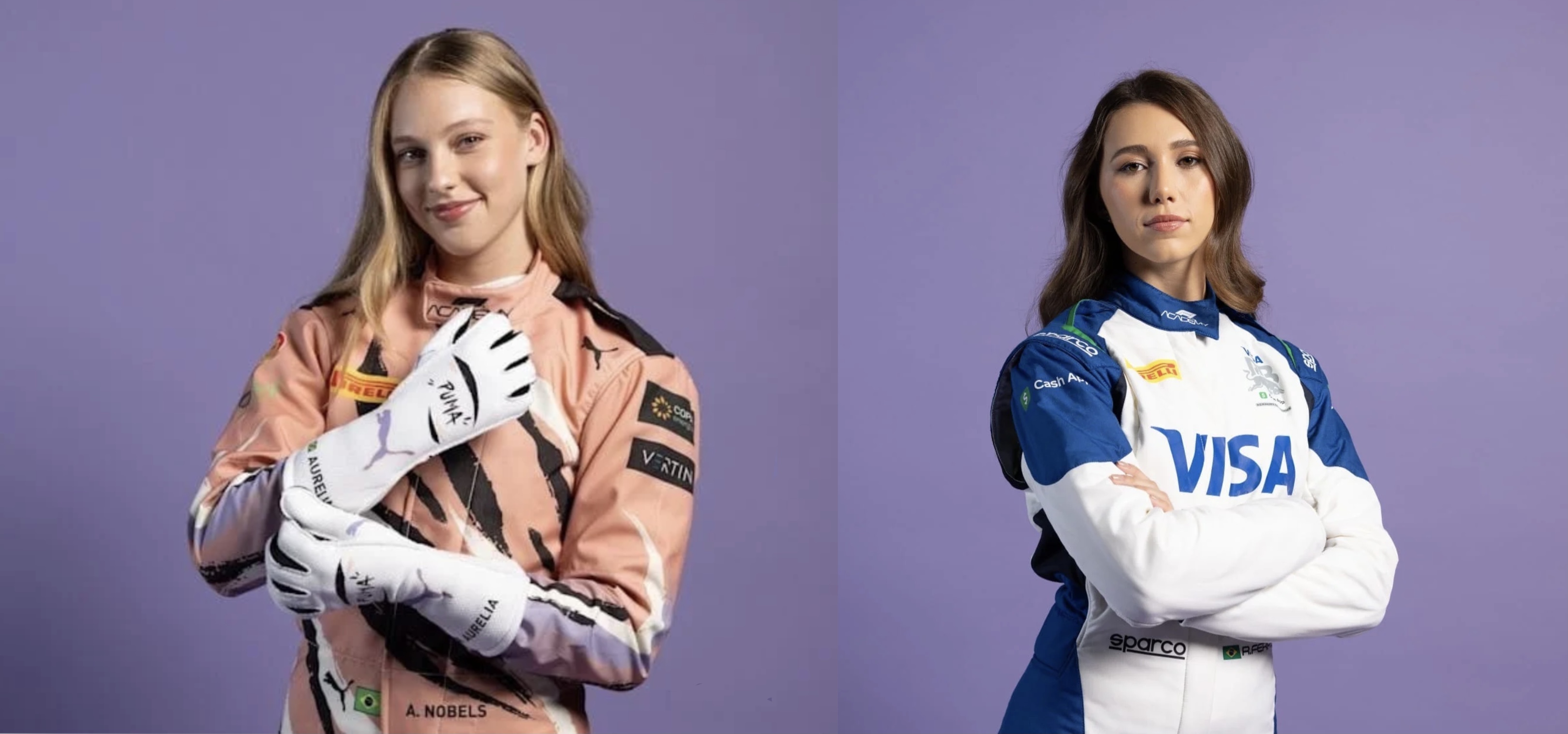 À esquerda, Aurélia Nobels, pilota na F1 Academy pela ART Grand Prix. À direita, Rafaela Ferreira, que participa do mesmo campeonato correndo pela Racing Bulls