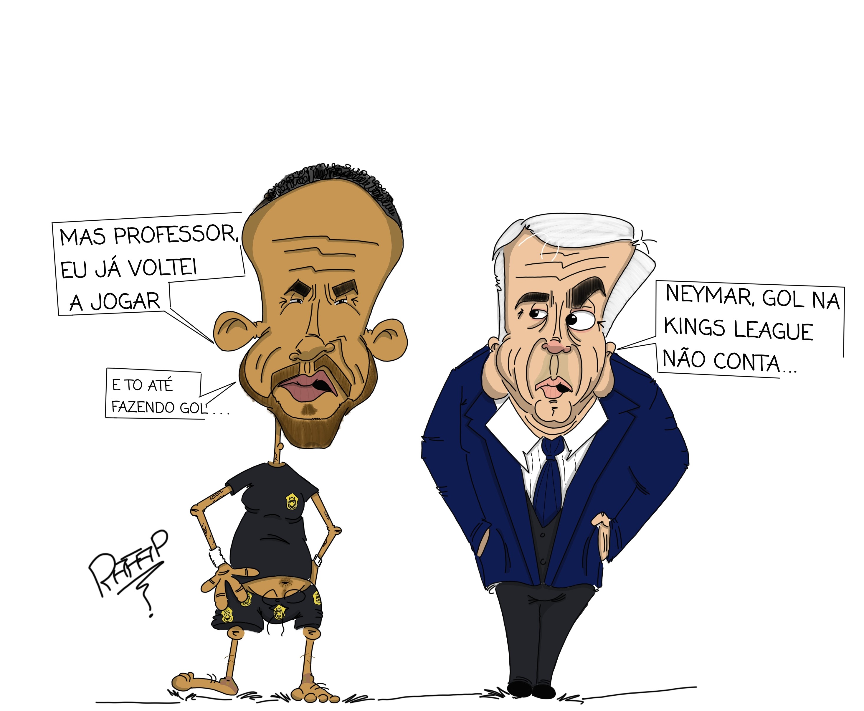 Desenho de um homem com barba, vestido com uma roupa preta com  escudos amarelos na camisa e no shorts. Do outro lado tem um Homem sem barba e com cabelo branco de terno azul.