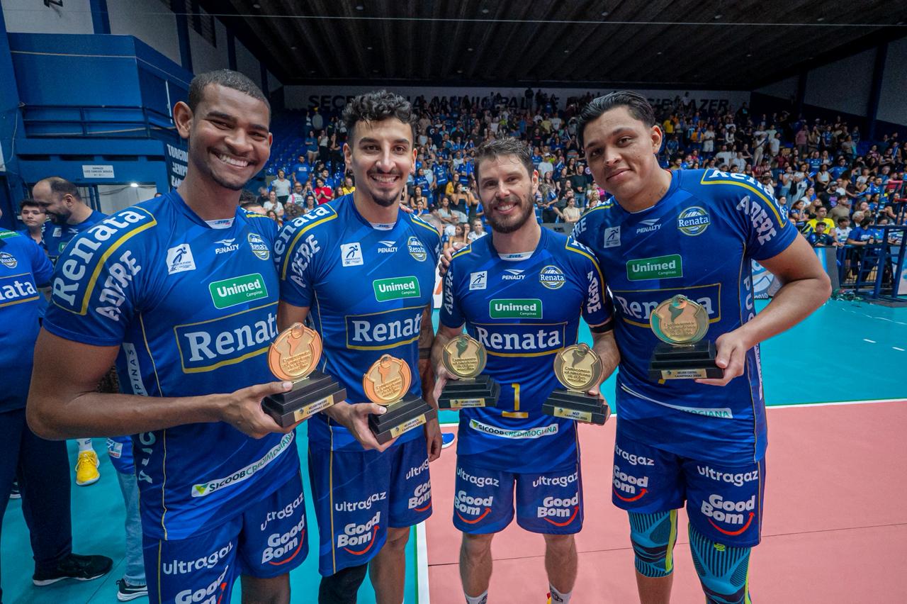 A imagem mostra o elenco e comissão técnica do Campinas comemorando o título. Na frente das pessoas, confetes dourados e fitas azuis estão no ar.